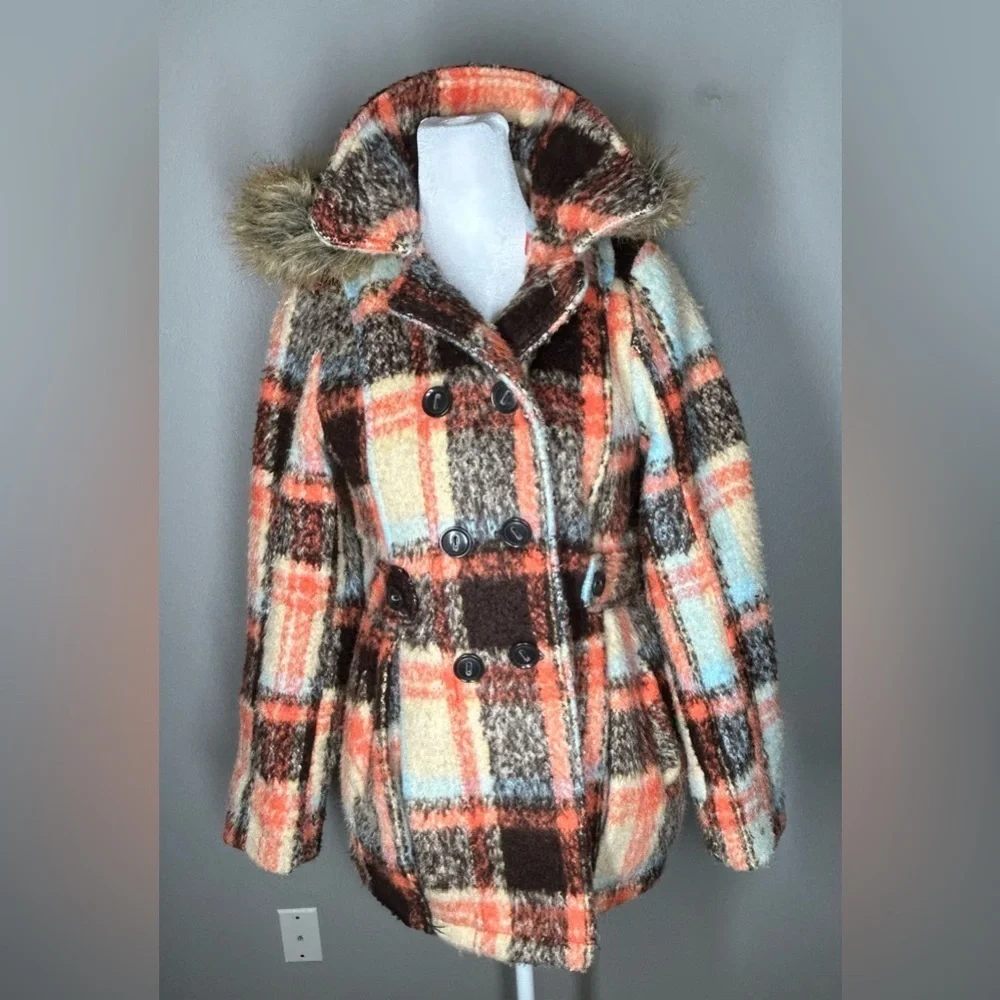 NWOT Urban Republic Plaid Girls Coat with Faux Fur Hood Size 16
